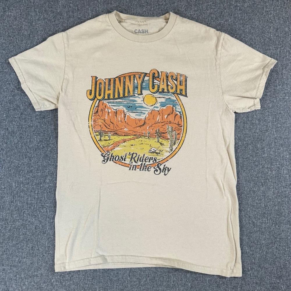 Johnny Cash Ghost Riders in the Sky Graphic T-Shirt Mens Small Tan Cotton Tee